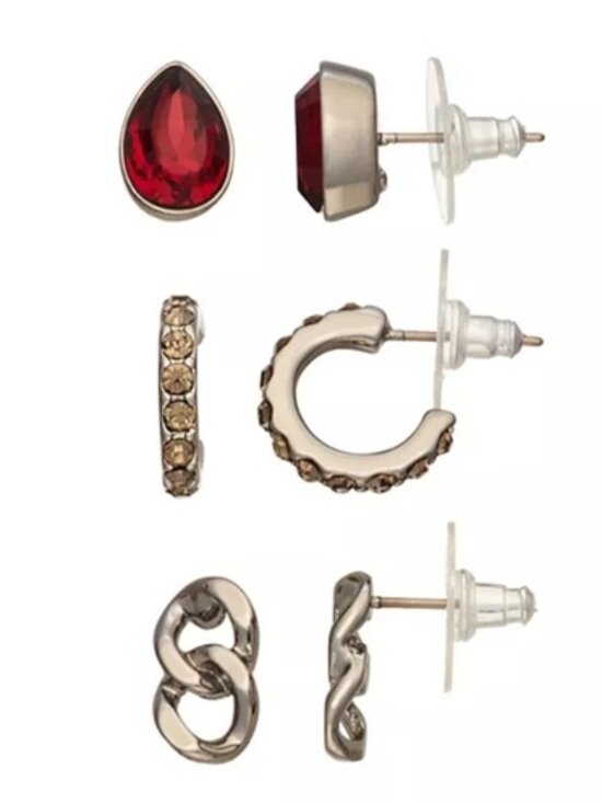 Vera Wang Jewelry - VERA WANG Goth 3pc SET Red Teardrop Crystal/Gunmetal Chain/Crystal Hoop Earrings